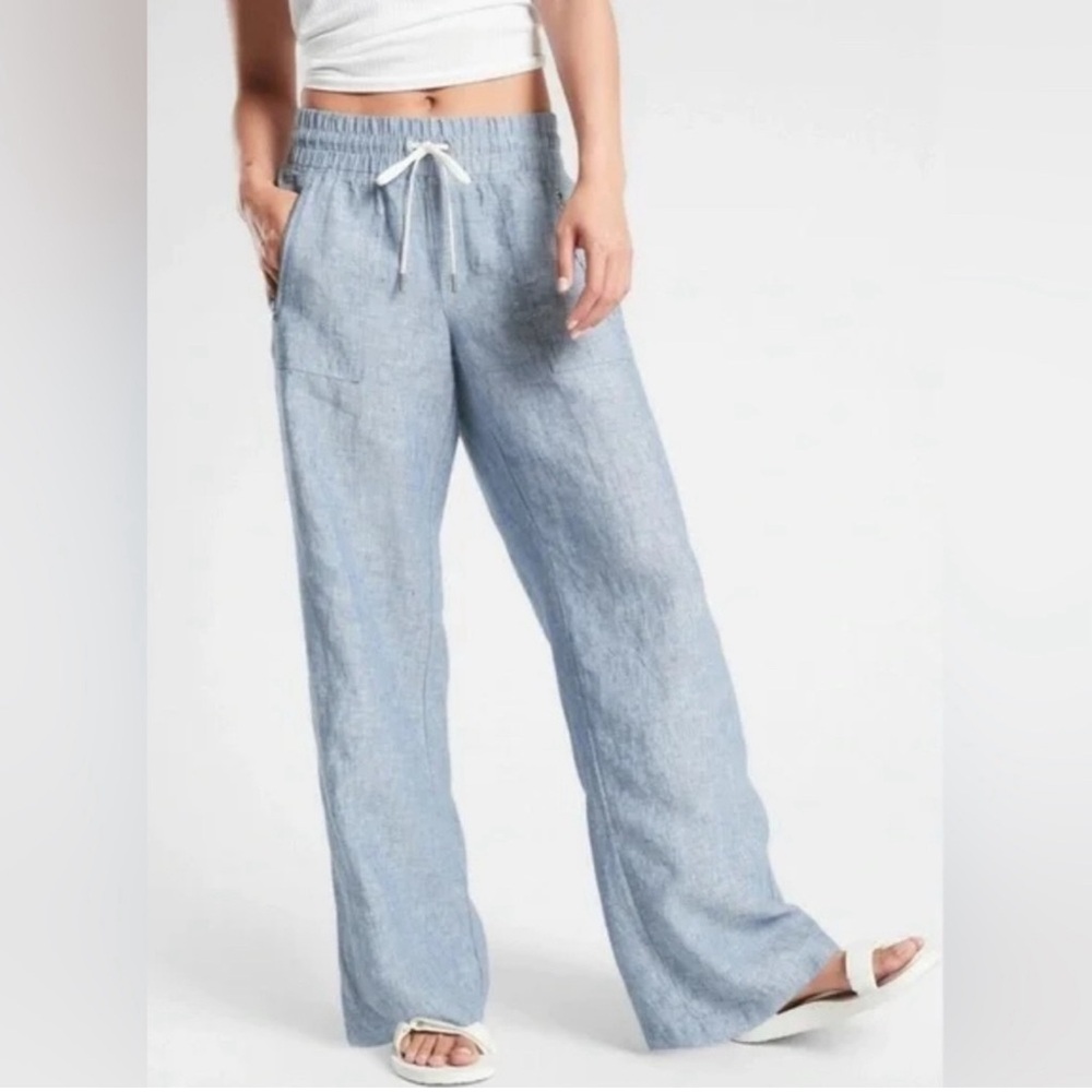 Athleta Cabo Linen Wide Leg Beach Pants Chambray Blue Size 4 Tall 33”Inseam
